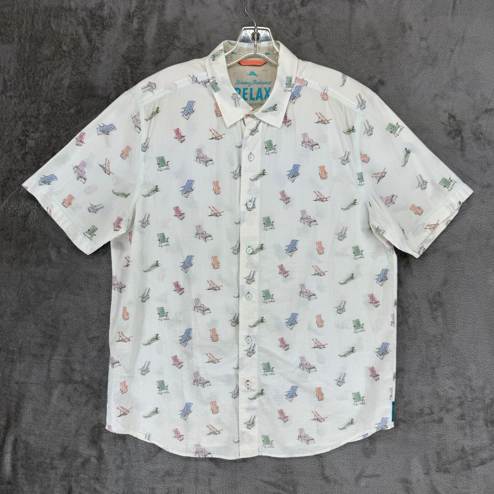 Tommy Bahama Relax Shirt Mens Large White Beach Chair Print Island Modern Fit